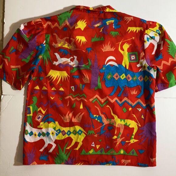 Vintage  Hawaiian Animal Graphic Print Puff Sleeve Button Down Shirt - Picture 2 of 9